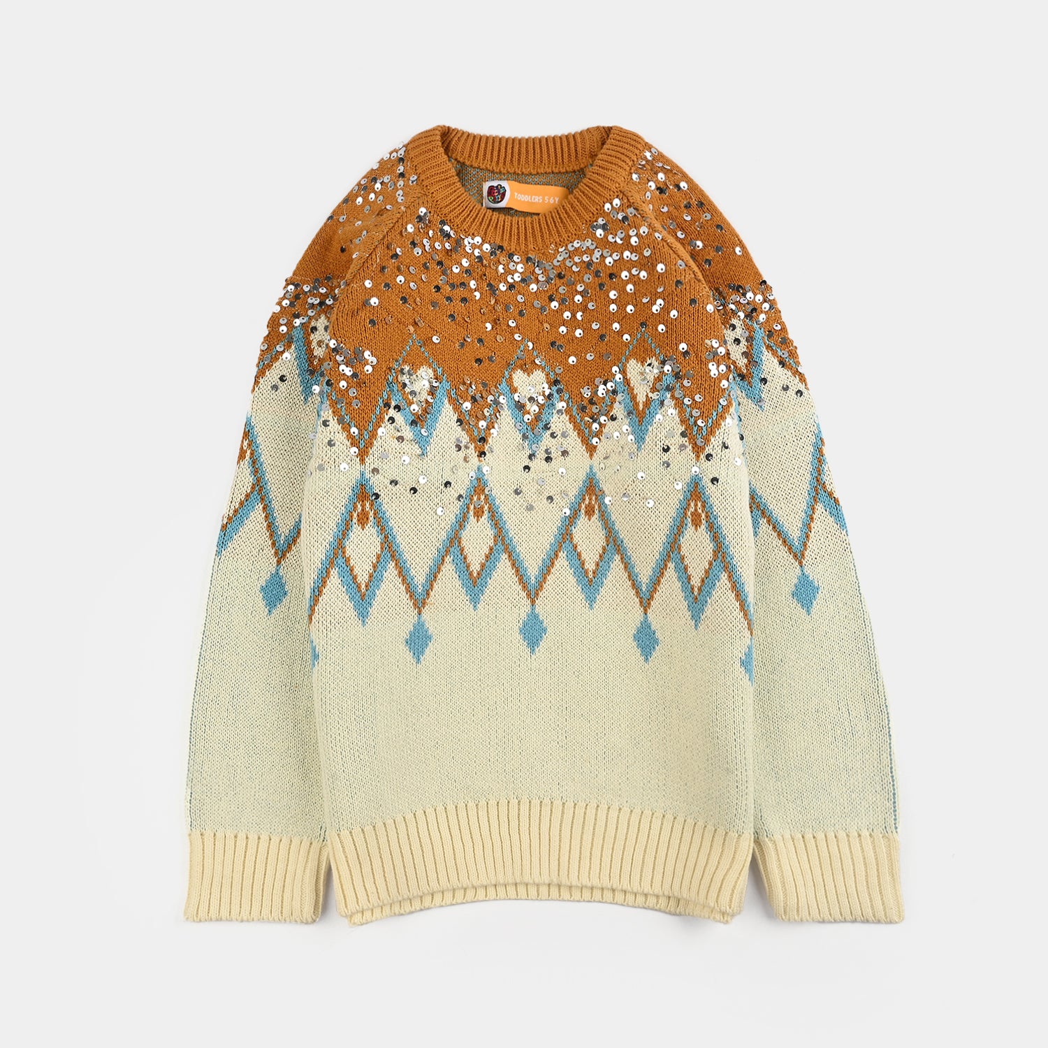 Girls Cotton Sweater Tribal Sequence-OFF-White