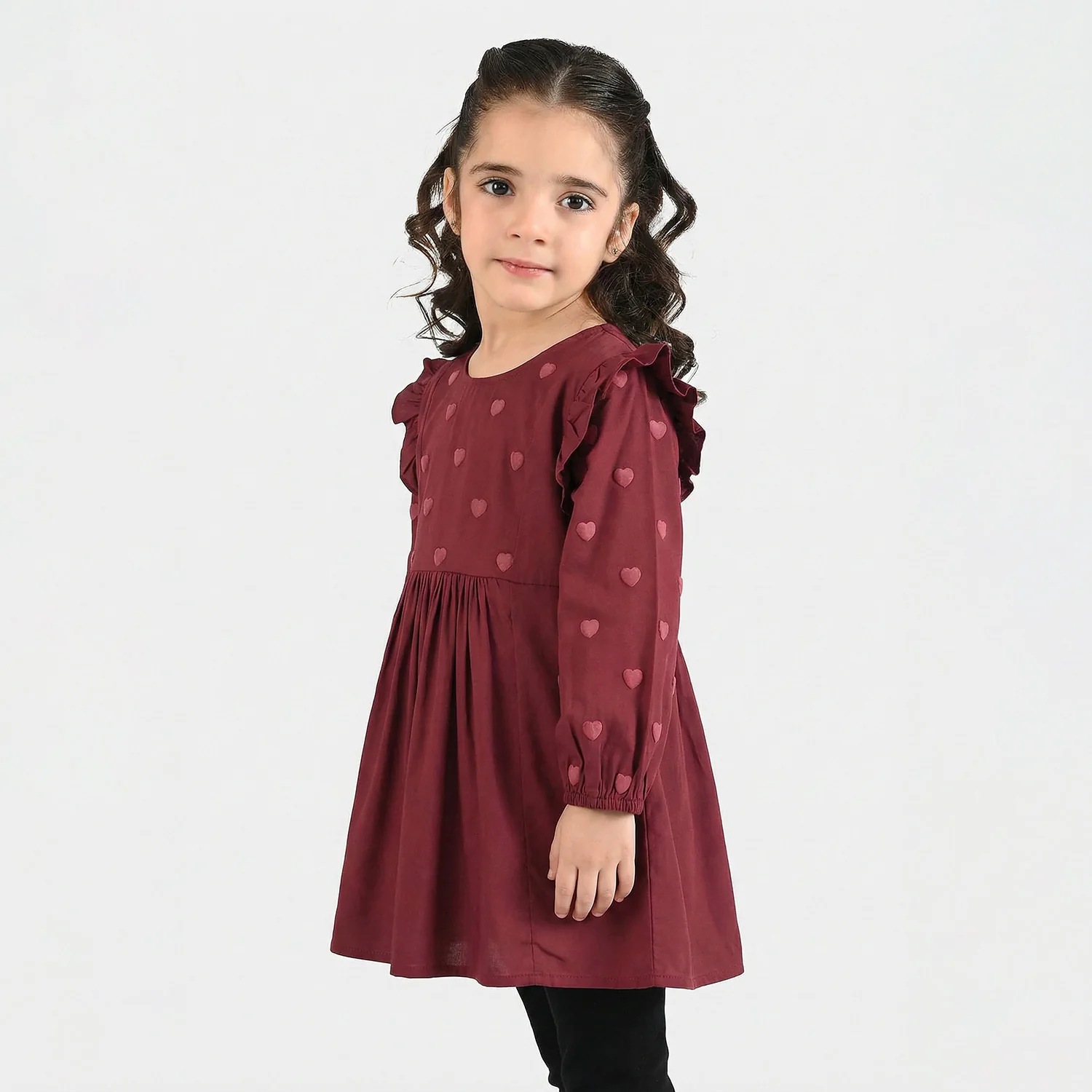 Girls Cotton Top Puffy Hearts - Maroon - Image 2