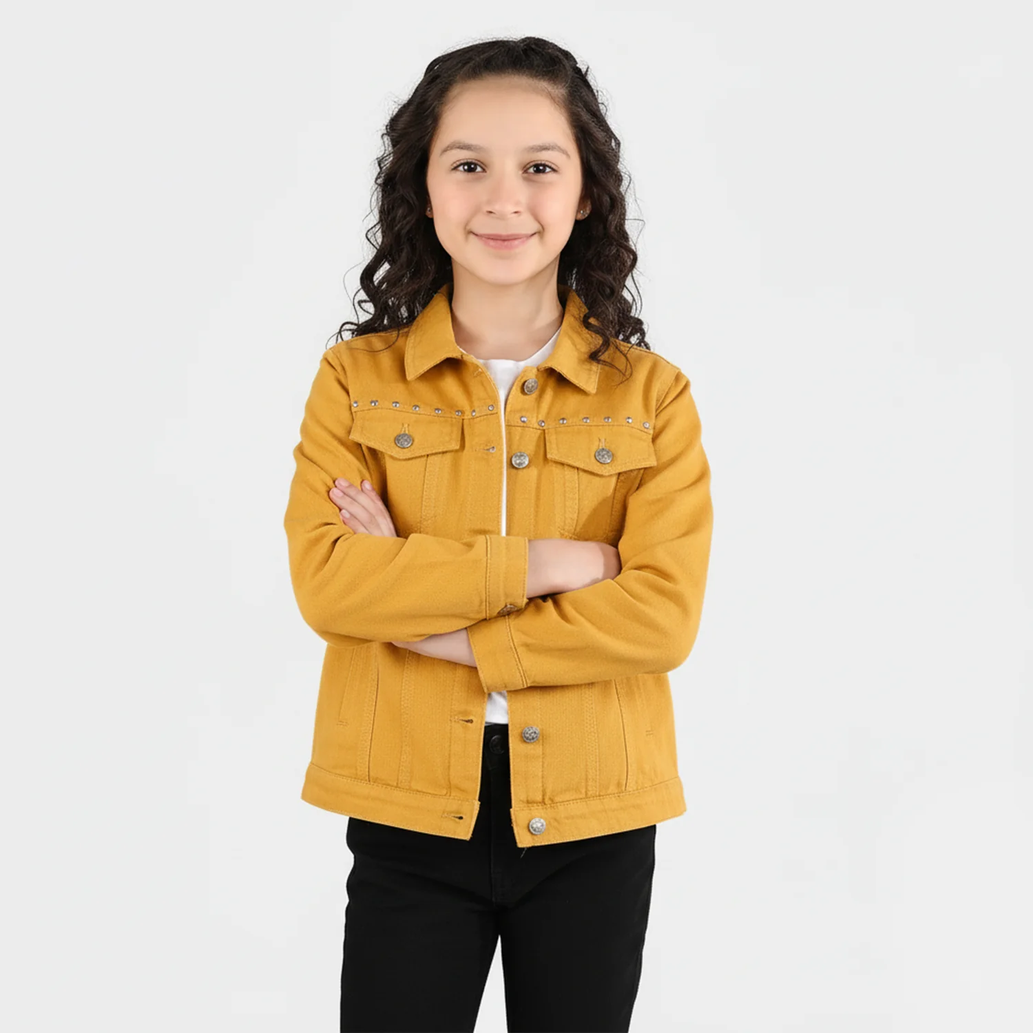 Girls Cotton Twill Woven Jacket Eyelets-Mustard - Image 2