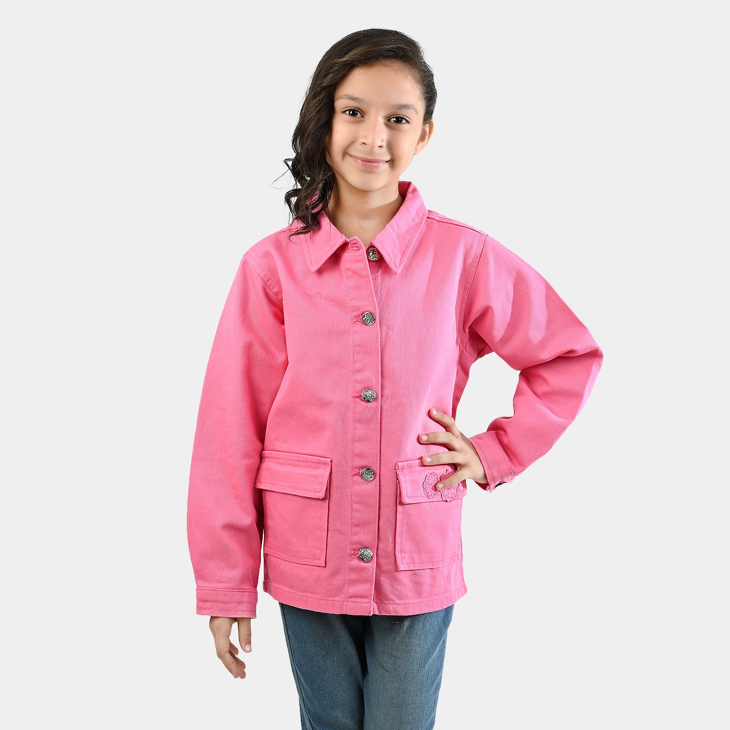 Girls Cotton Twill Woven Jacket Flowers-PINK