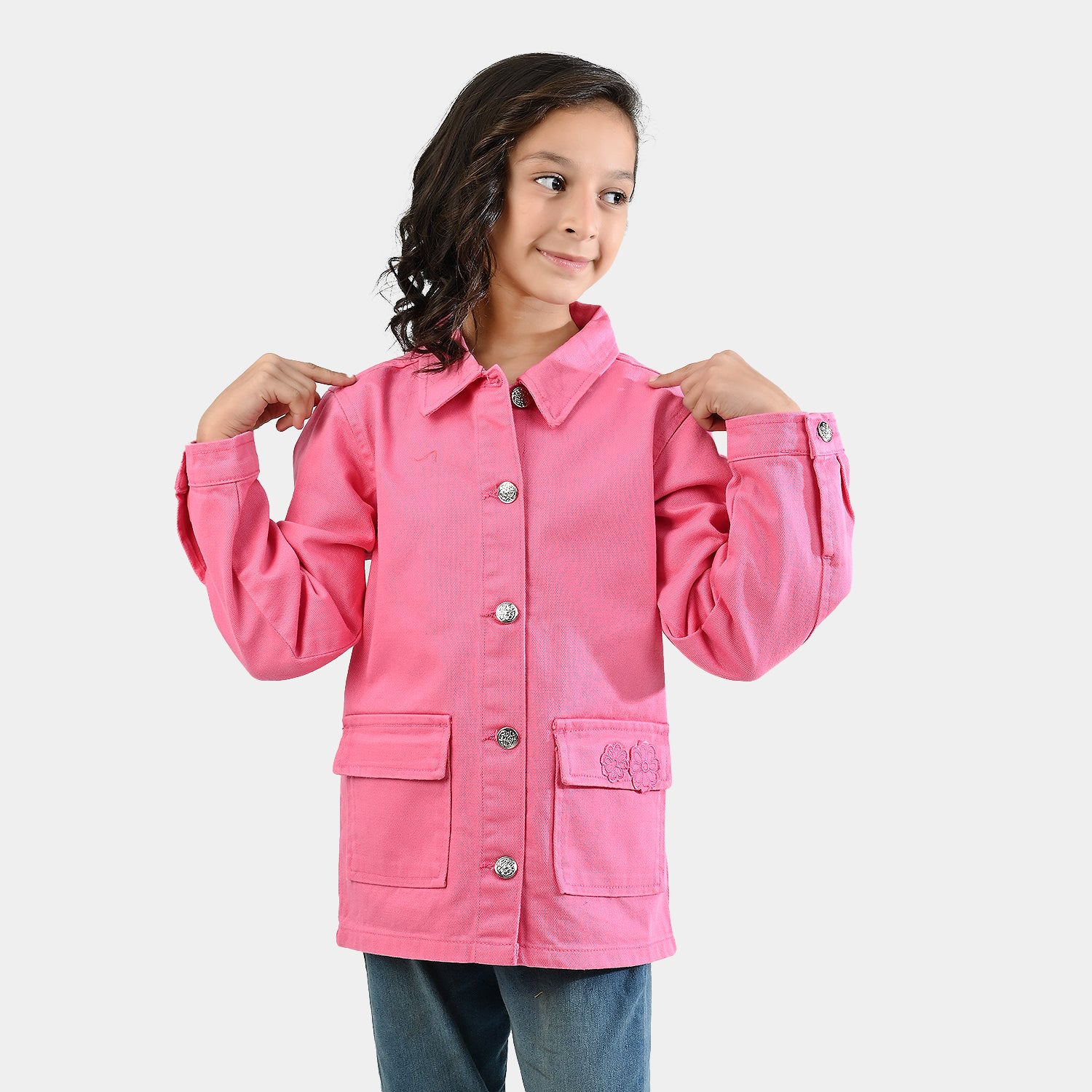 Girls Cotton Twill Woven Jacket Flowers-PINK - Image 3