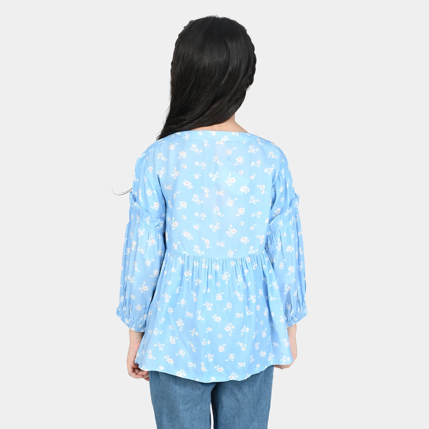 Girls Cotton Viscos Casual Top Sky Blue Floral-SKY BLUE - Image 5