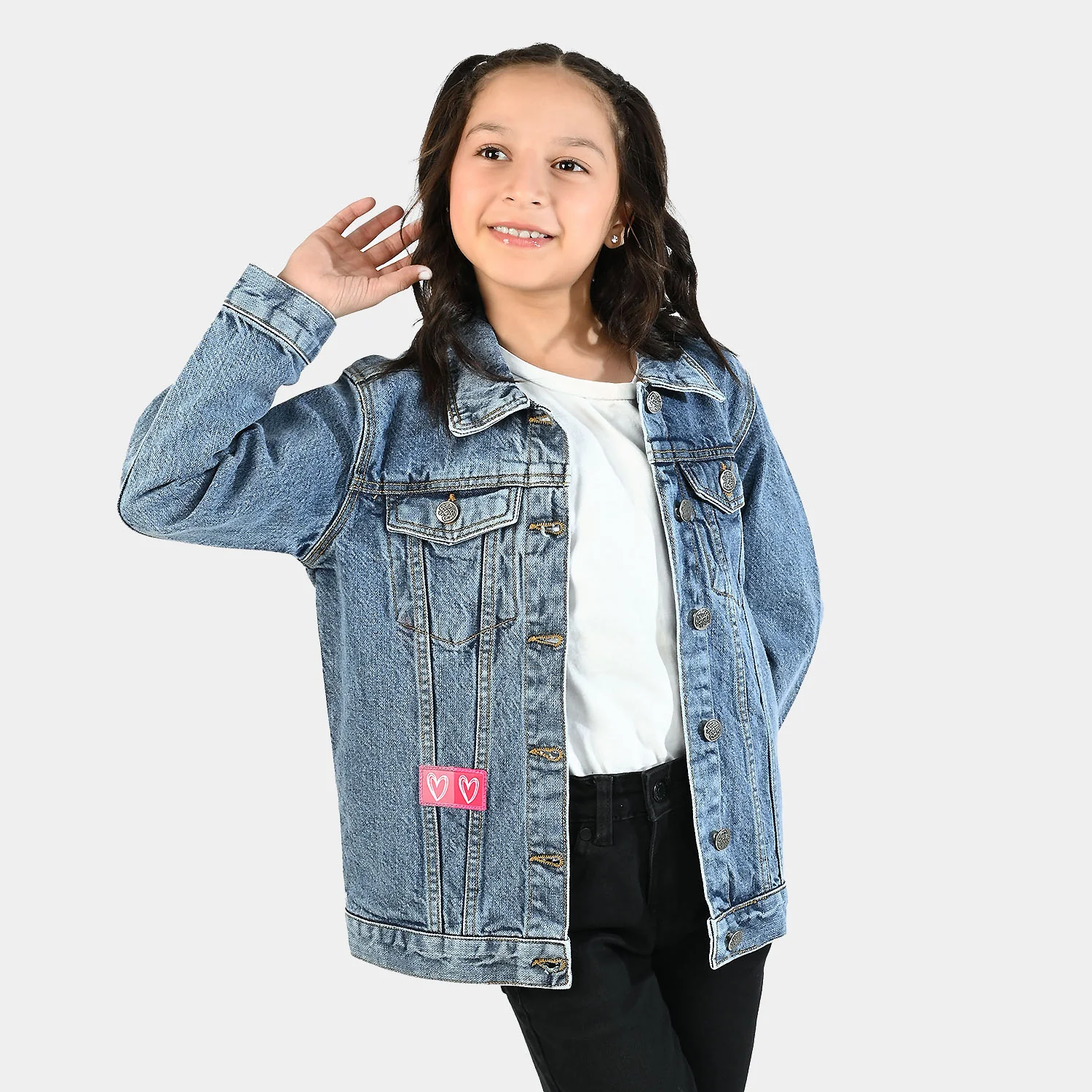 Girls Denim Rigid Jacket Hearts - Light Blue - Image 3