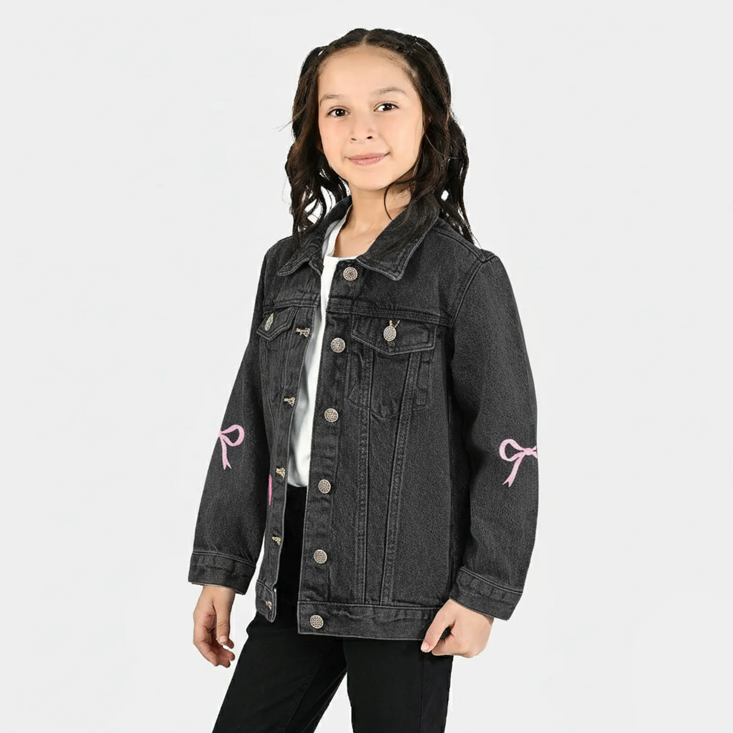 Girls Denim Stretch Jacket Bow-GREY - Image 2