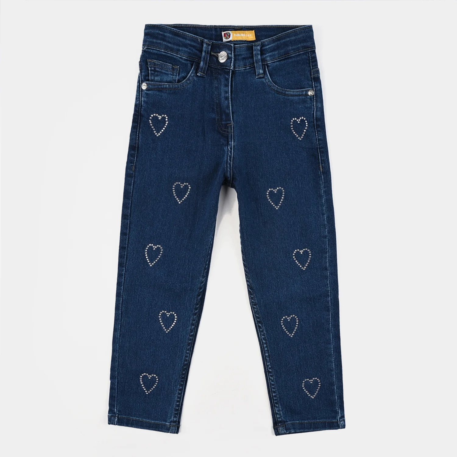Girls Denim Stretch Pant Sequins Heart-Mid Blue