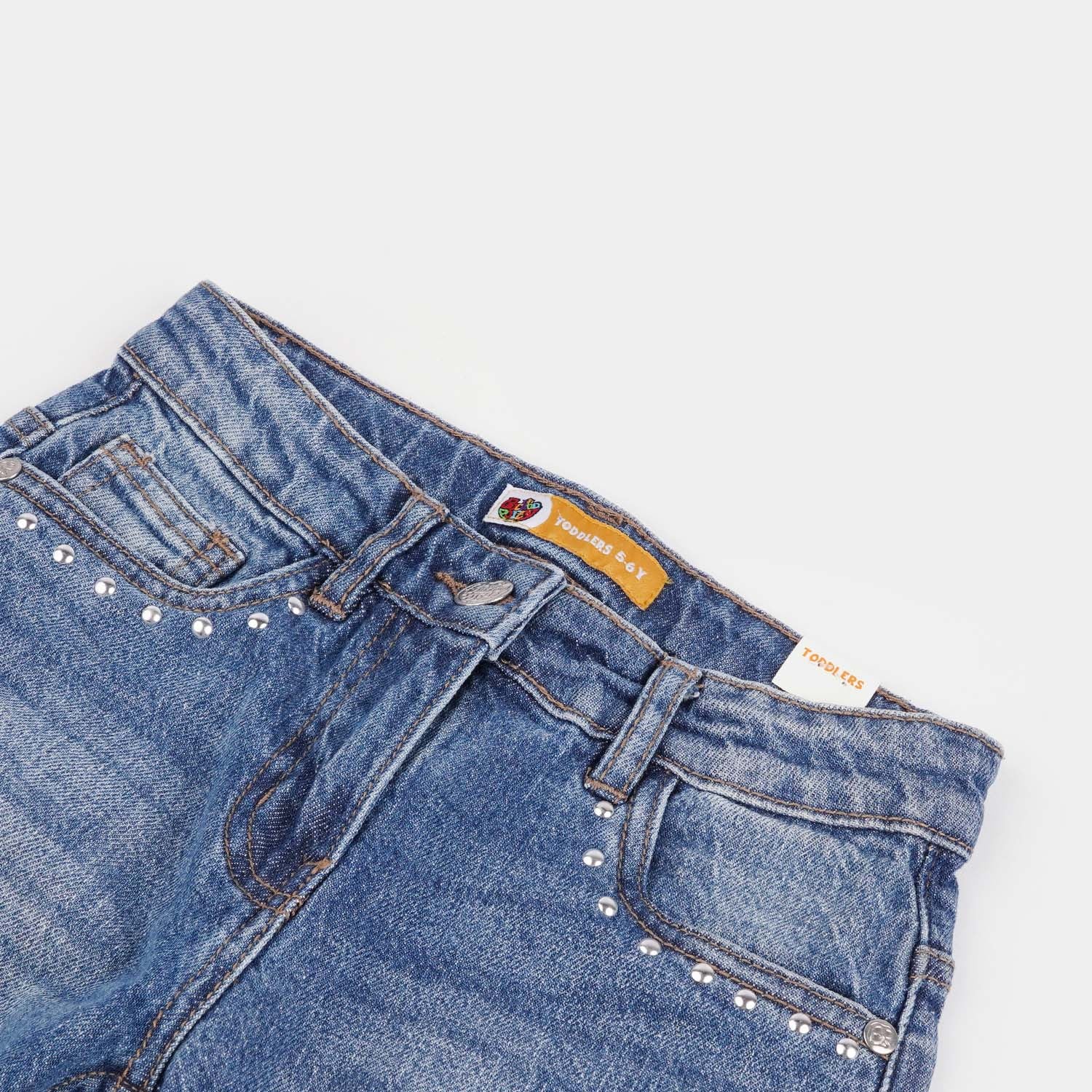 Girls Denim Stretch Pant Side Seams Studs-Mid Blue - Image 2