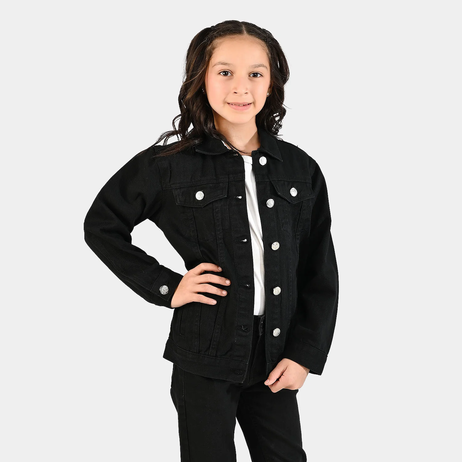 Girls Denim Stretch Woven Jacket Basic-BLACK