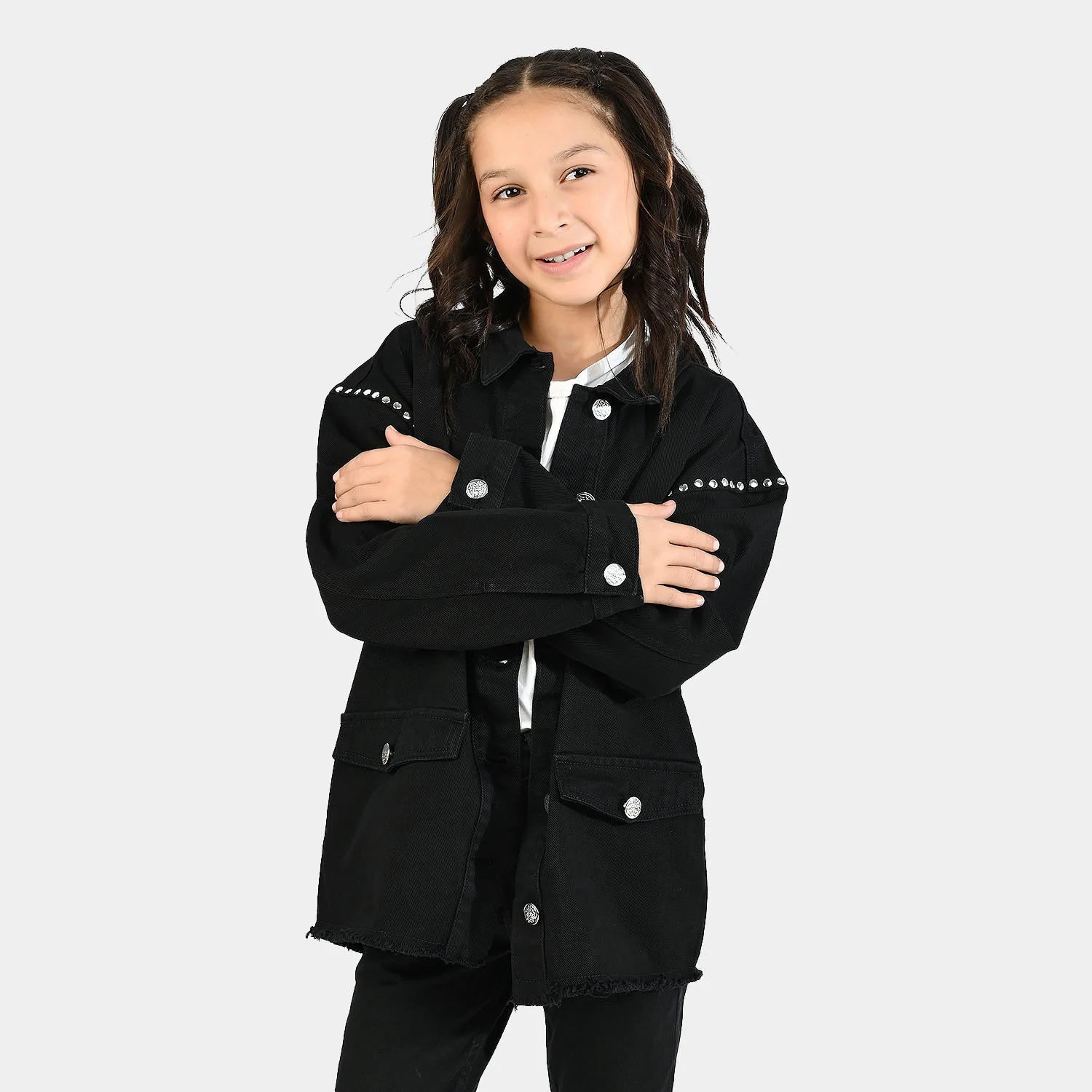 Girls Denim Stretch Woven Jacket Studs-BLACK - Image 3