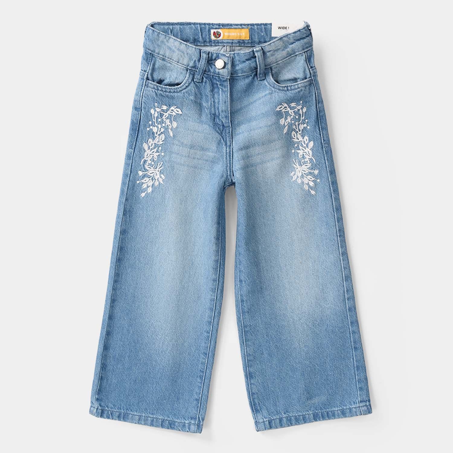 Girls Denim Viscose Pants Leafs - Mid Blue