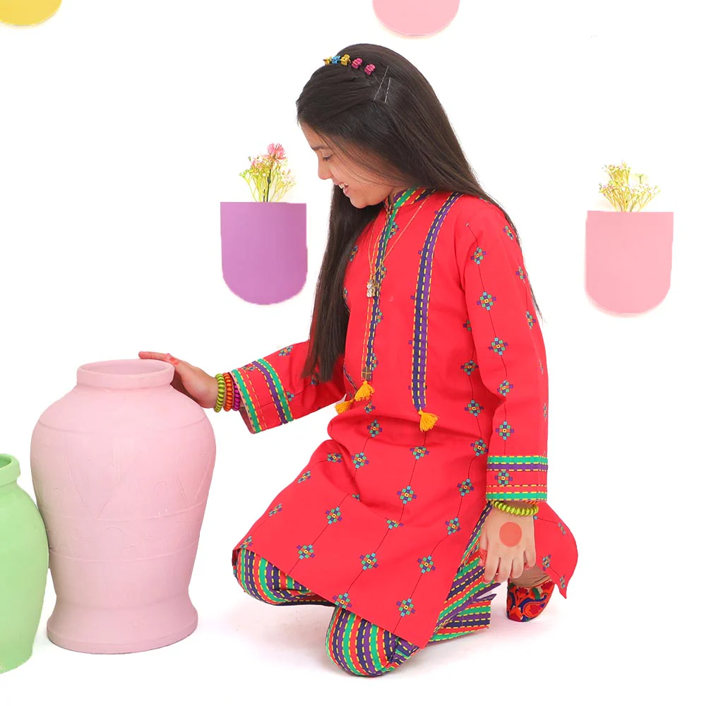 Girls Digital Print 2Pcs Kurti Pajama Delicacy - Magenta - Image 2