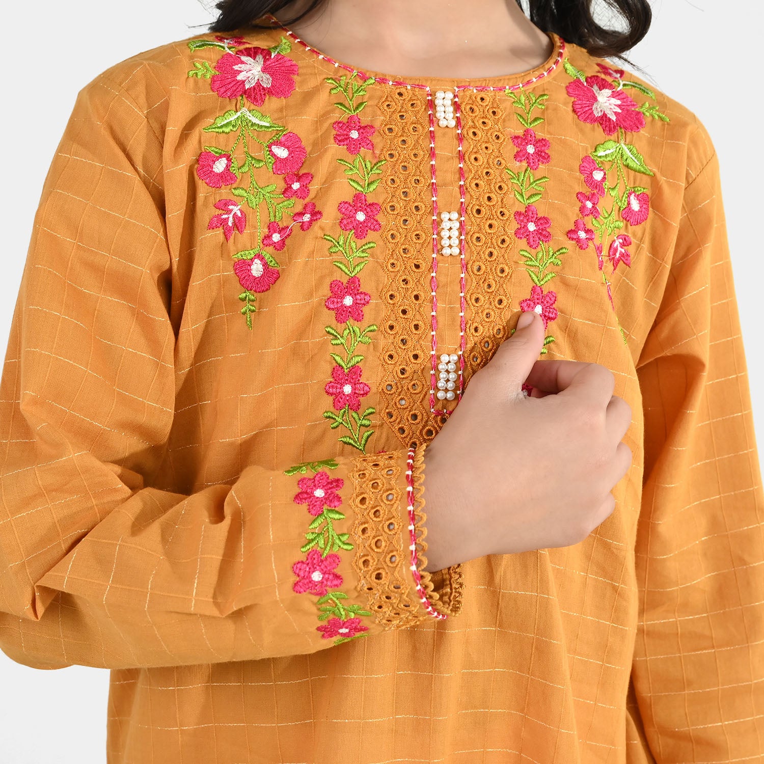 Girls Dobby Embroidered Kurti (Rabab) - Mustard - Image 3