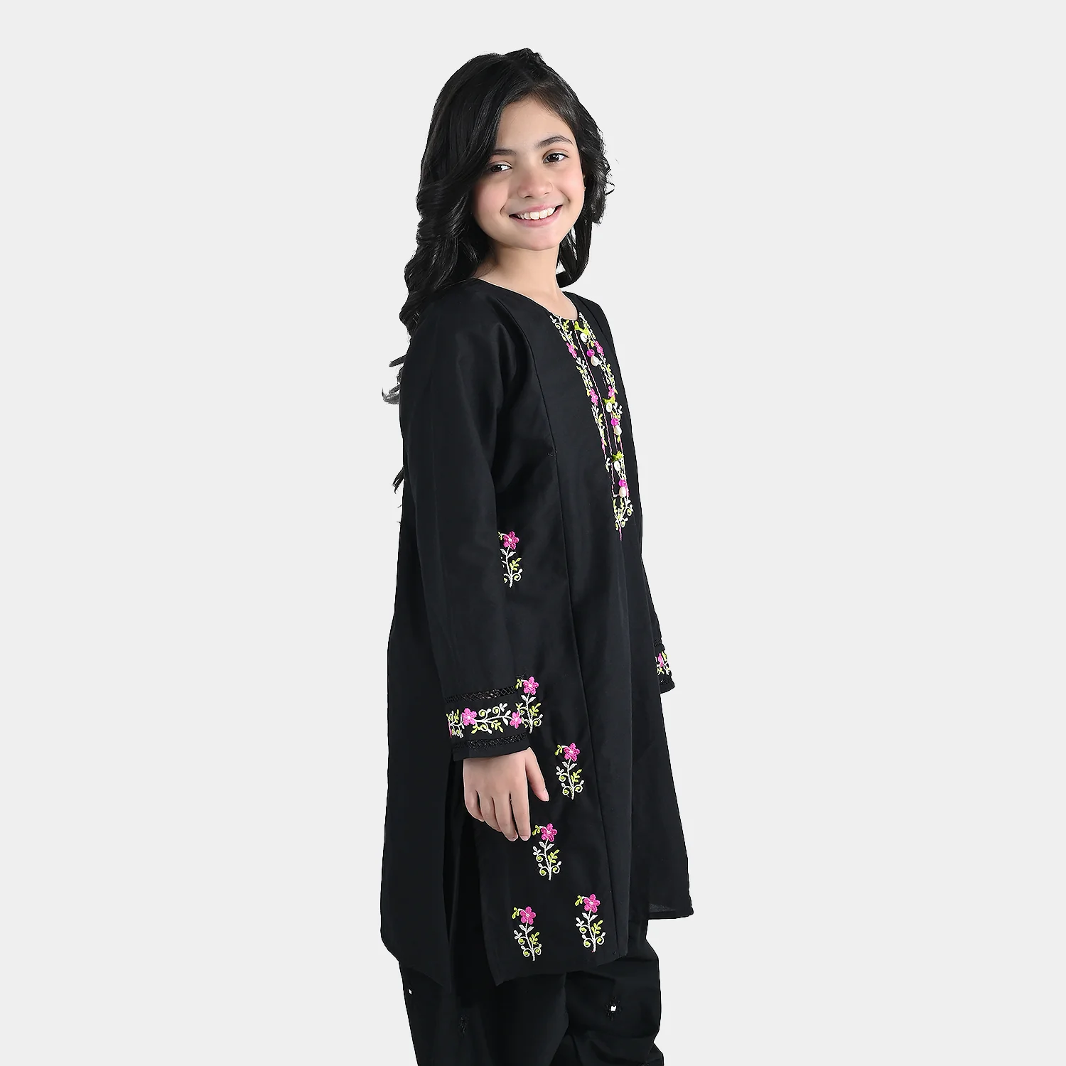 Girls Cotton Embroidered Kurti (Nargis) – Black - Image 3
