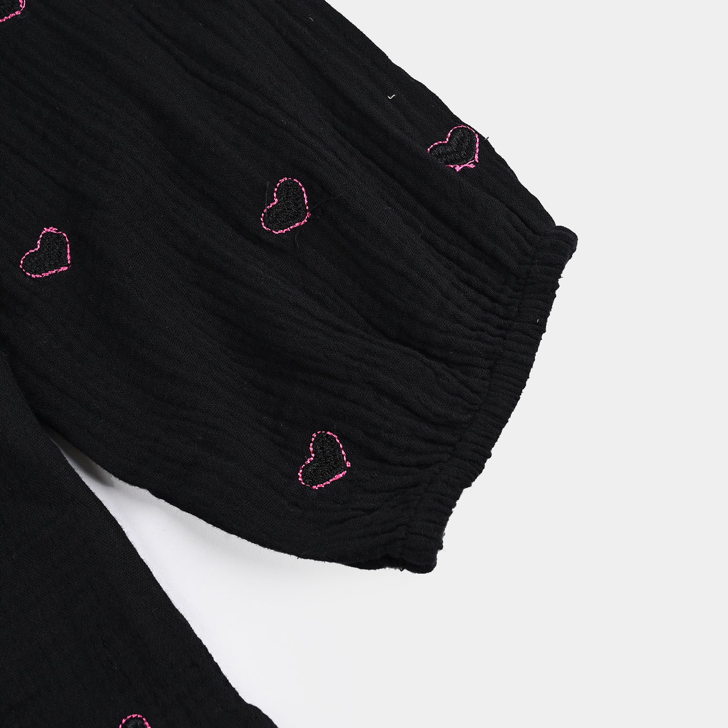 Girls Poly Crinkle Embroidered Top Pink Hearts - Black - Image 3