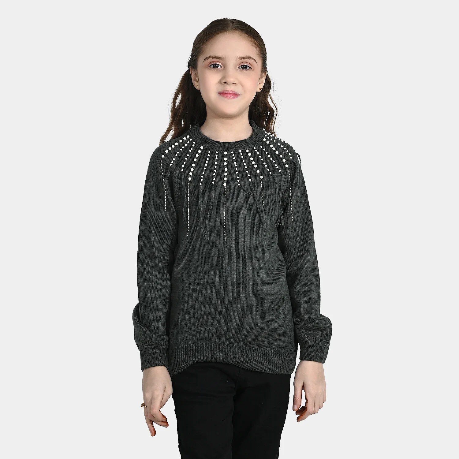 Girls F/S Sweater Pearl Stripes - CHARCOAL - Image 3