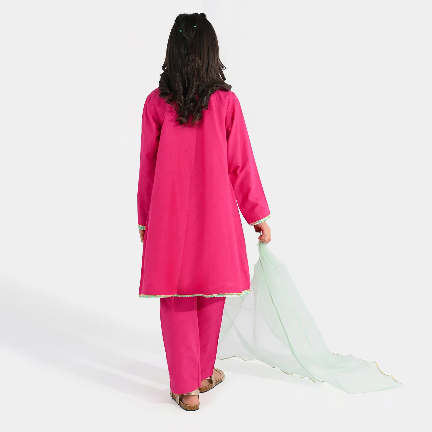 Girls Jacquard 3-Piece Suit (Dil Naz) - Shocking Pink - Image 6