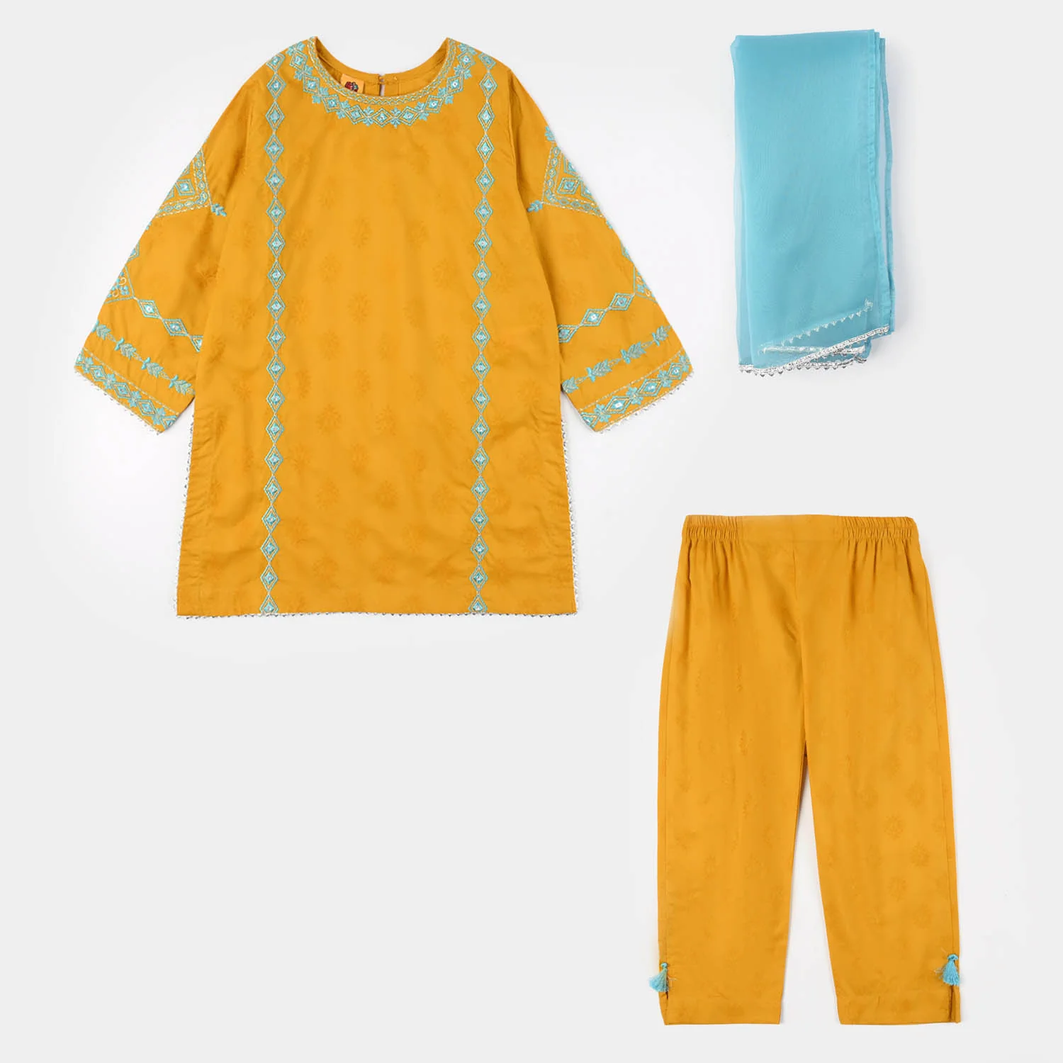 Girls Jacquard 3Pcs (Noor) - Mustard - Image 6