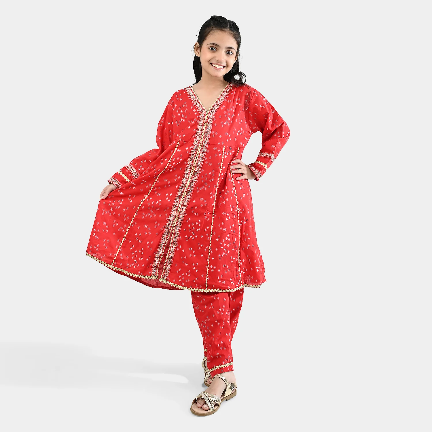 Girls Jacquard Embroidered 2Pcs - Red - Image 3