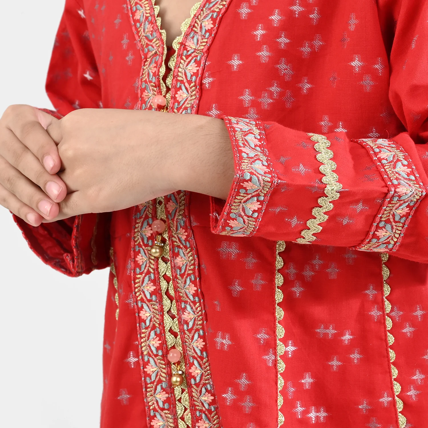 Girls Jacquard Embroidered 2Pcs - Red - Image 4
