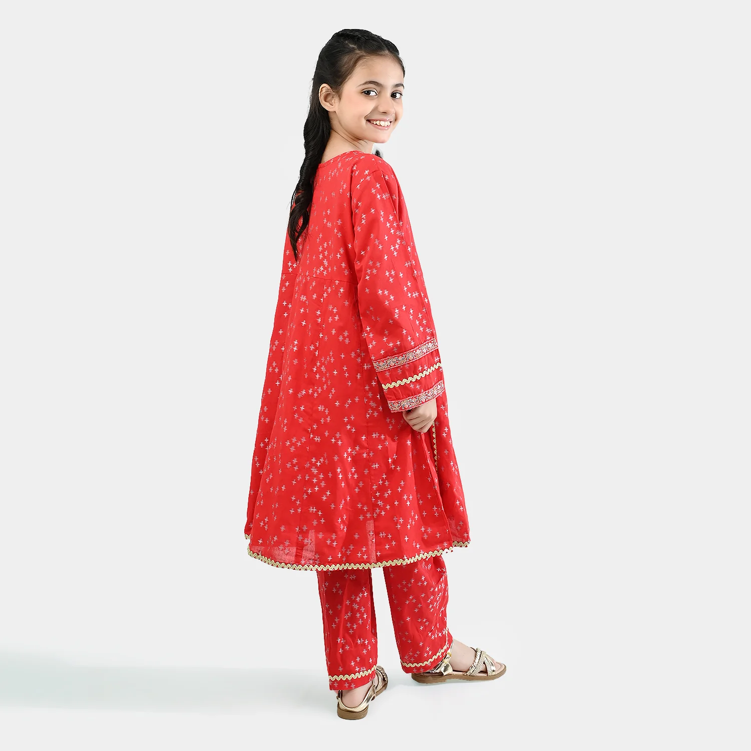 Girls Jacquard Embroidered 2Pcs - Red - Image 5