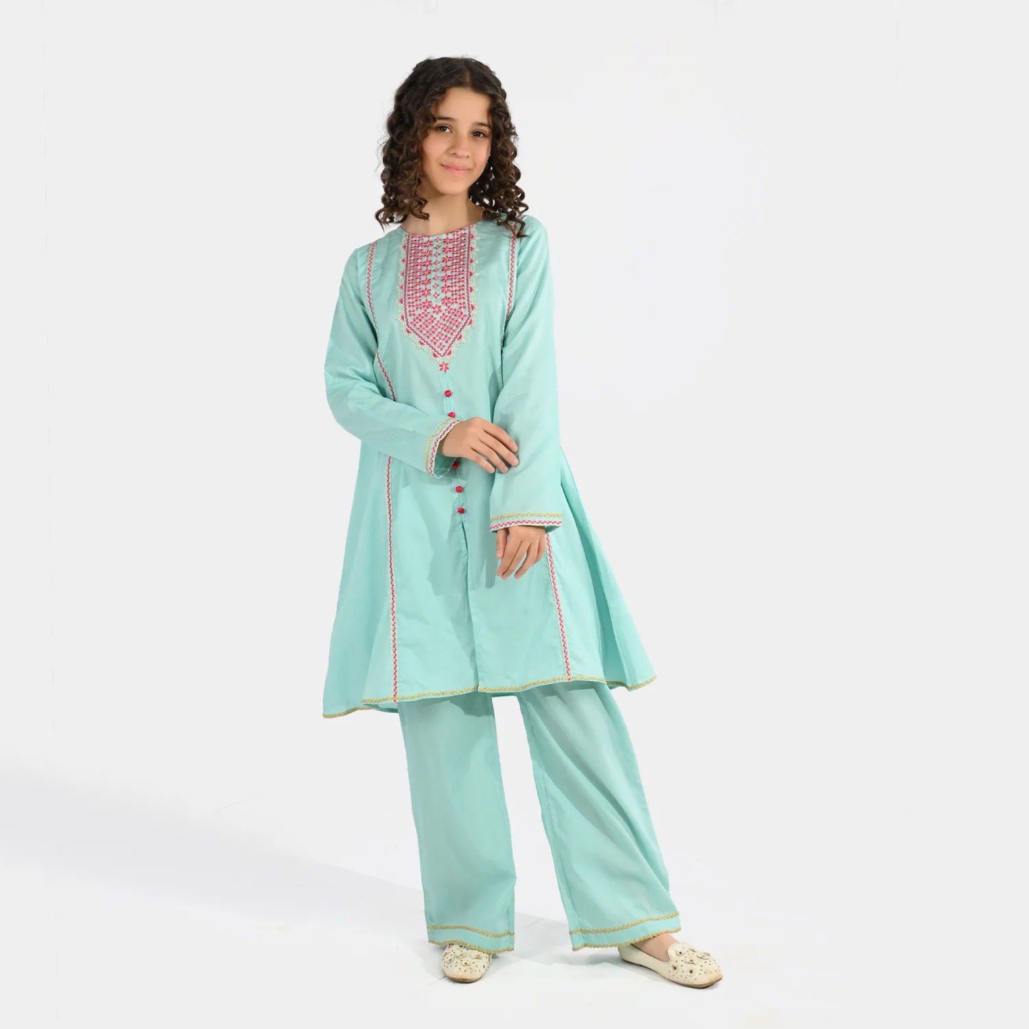 Girls Jacquard Embroidered 2-Pc Set (Naqsh) - Mint Green - Image 3