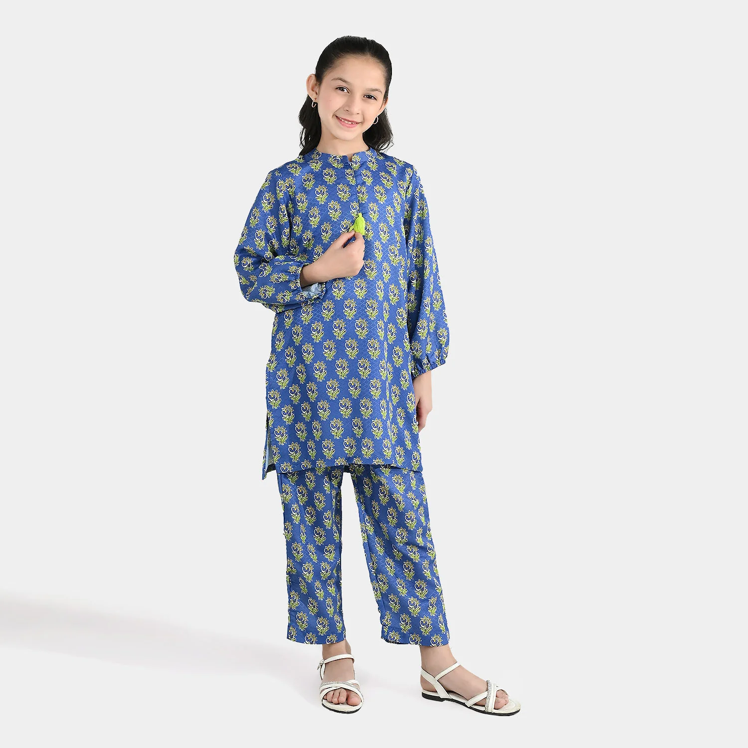 Girls Jacquard Printed 2-Piece Set (Teal Flowers) - Blue - Image 4