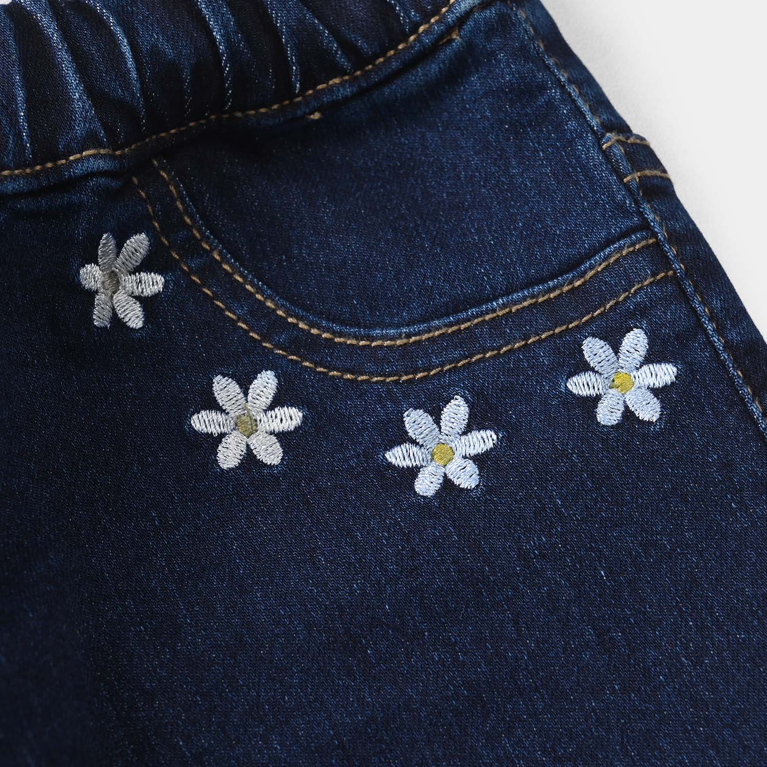 Girls Denim Stretch Jegging (Flower) - Dark Blue - Image 2