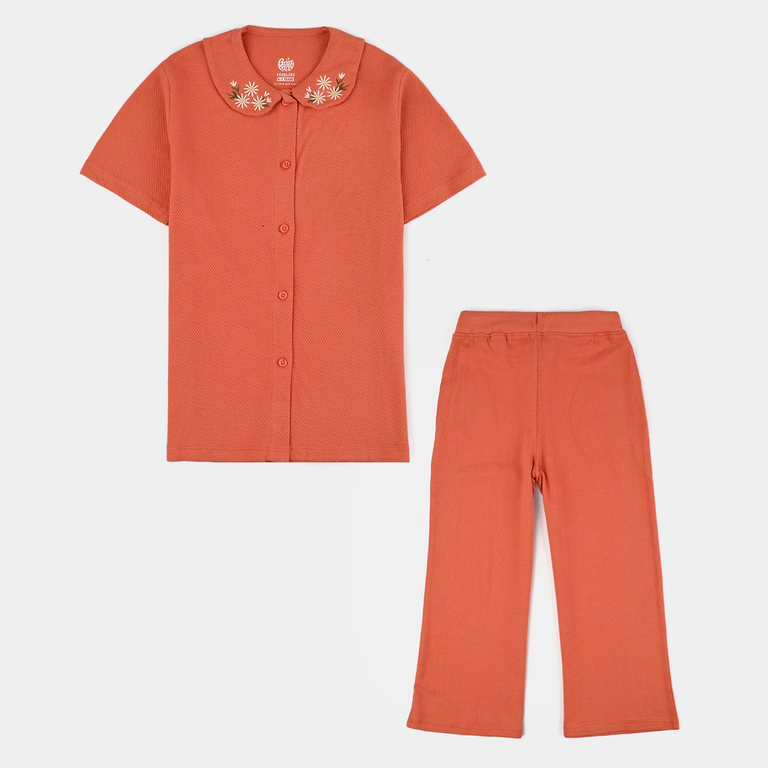 Girls Jersey/Terry 2 Piece Suit Embroidered Flower - Orange/Rust