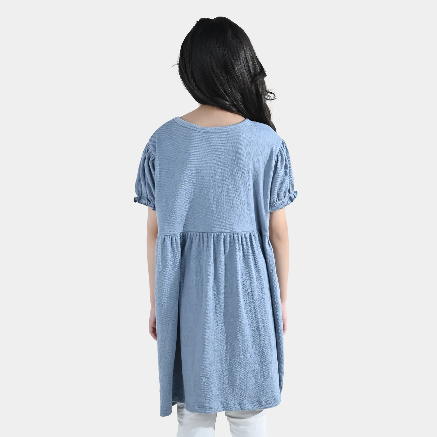 Girls Poly Crinkle Knitted Frock – Blue - Image 5