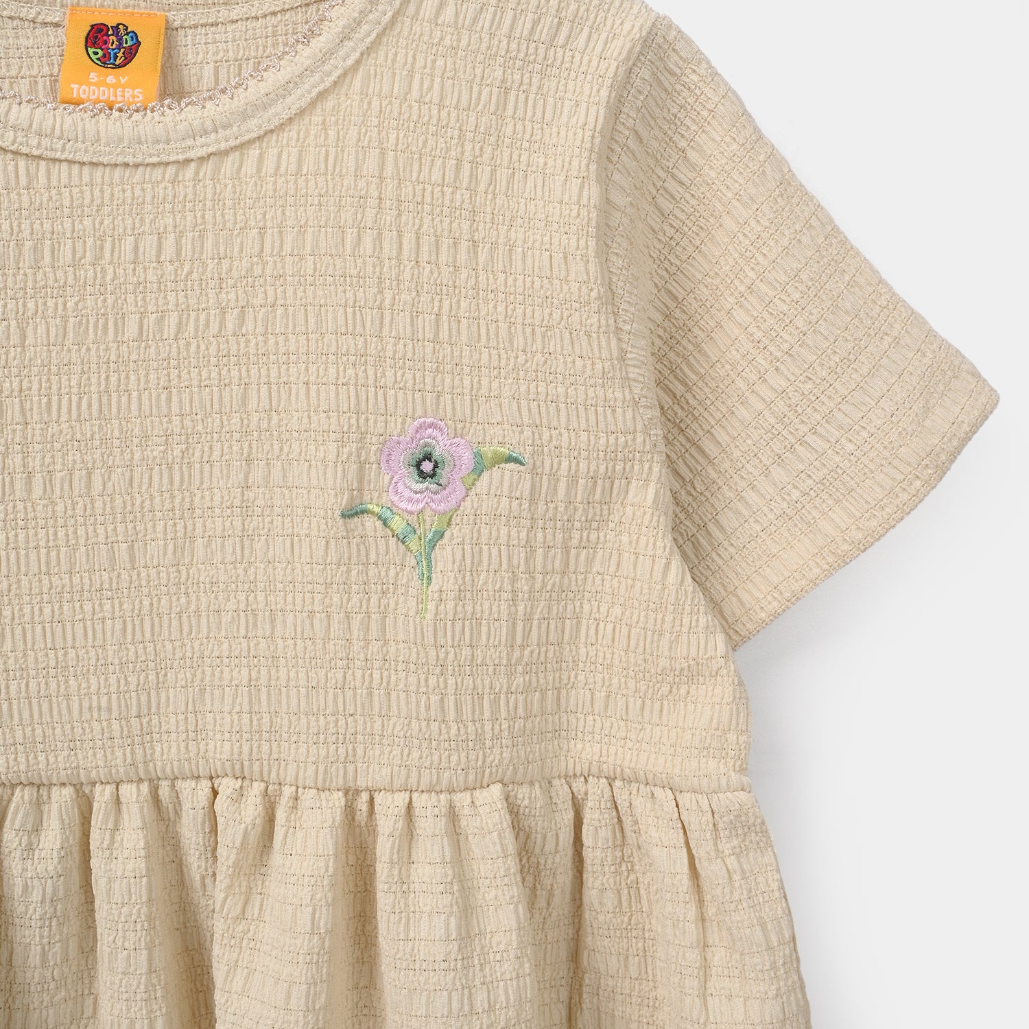 Girls Poly Crinkle Knitted Frock Flower - Beige - Image 2