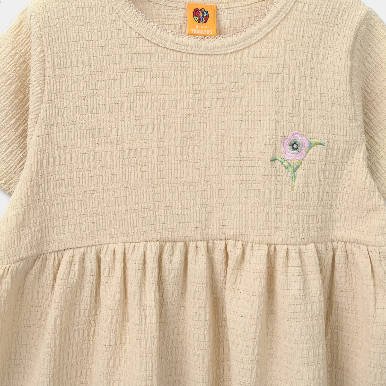 Girls Poly Crinkle Knitted Frock Flower - Beige - Image 3