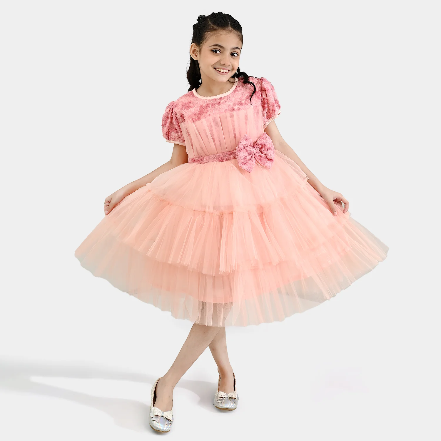 Girls Net Fancy Frock-Classic-Light Pink