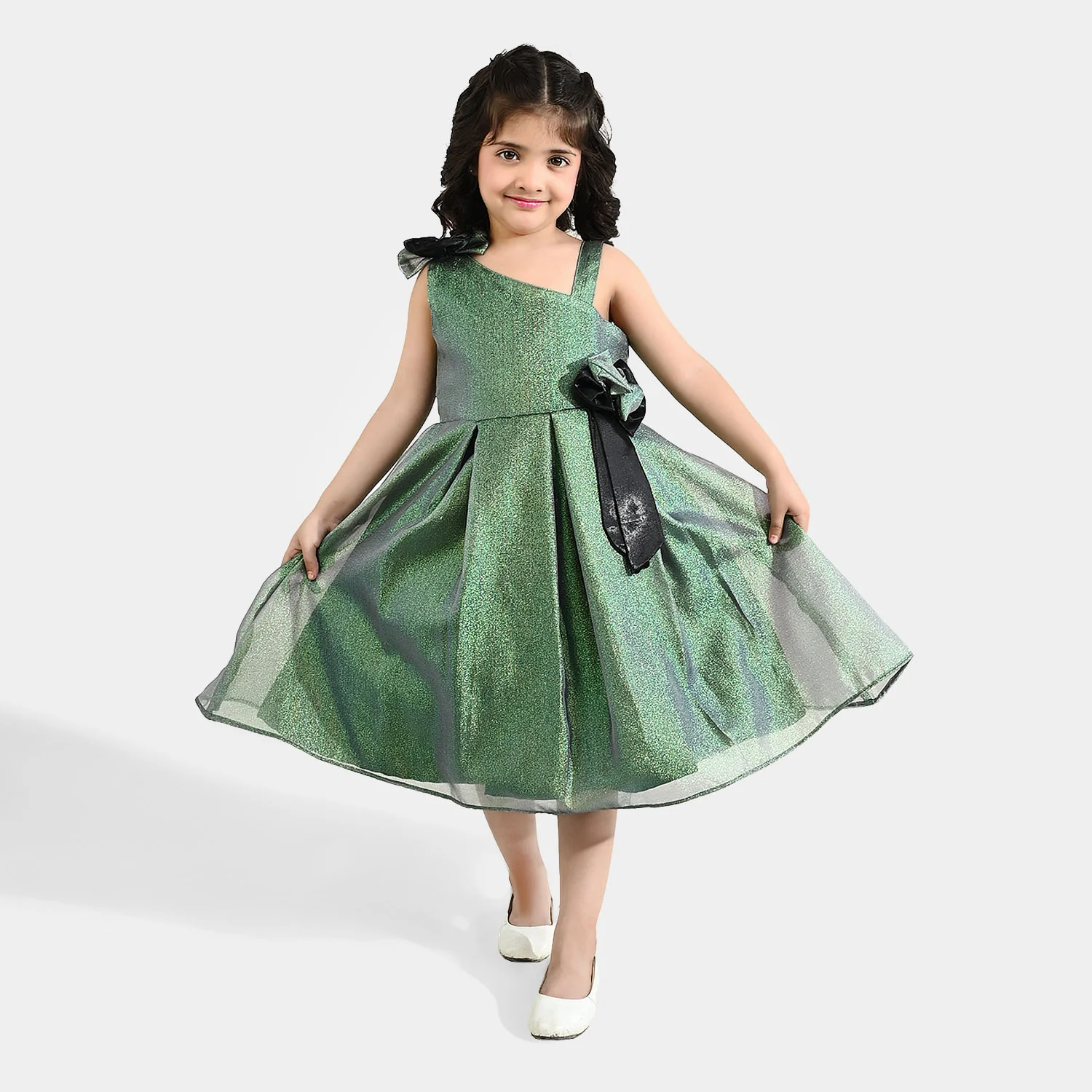 Girls Organza Fancy Frock (Bow) - Green - Image 3