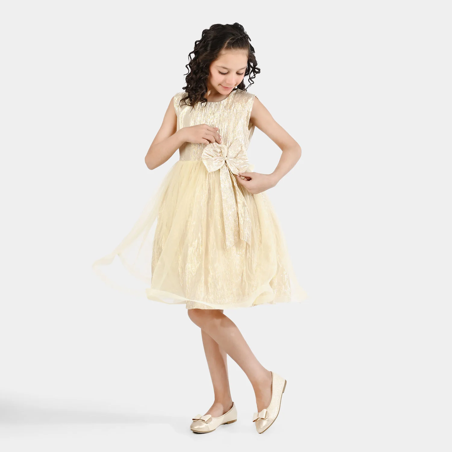 Girls Organza Fancy Frock Glittery - Beige - Image 3