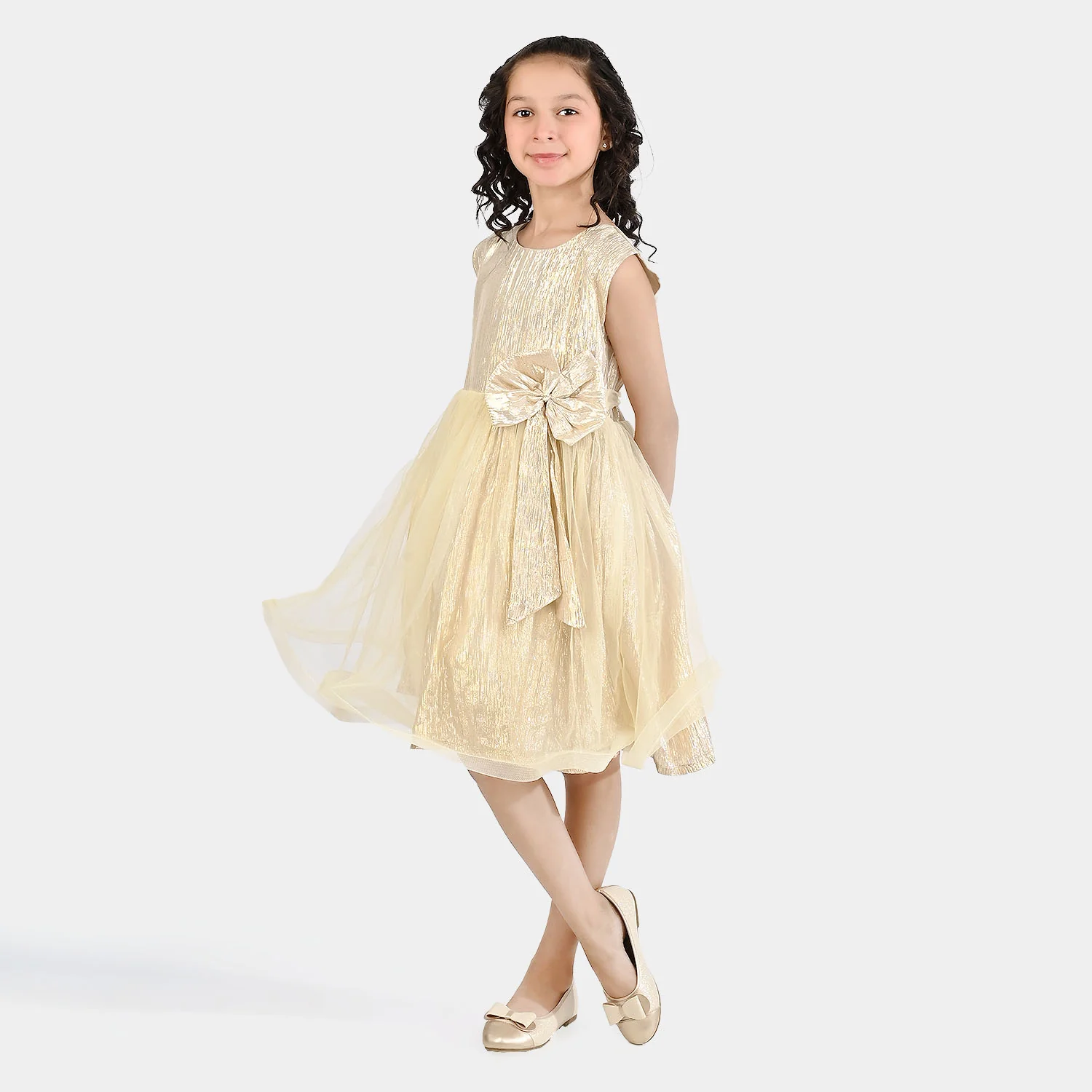 Girls Organza Fancy Frock Glittery - Beige - Image 4