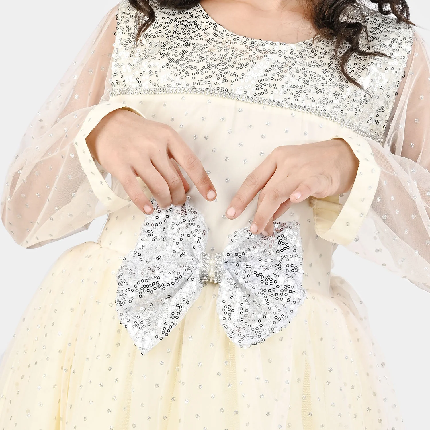 Girls Organza Fancy Frock-Shimmer Polka-OFF-White - Image 2