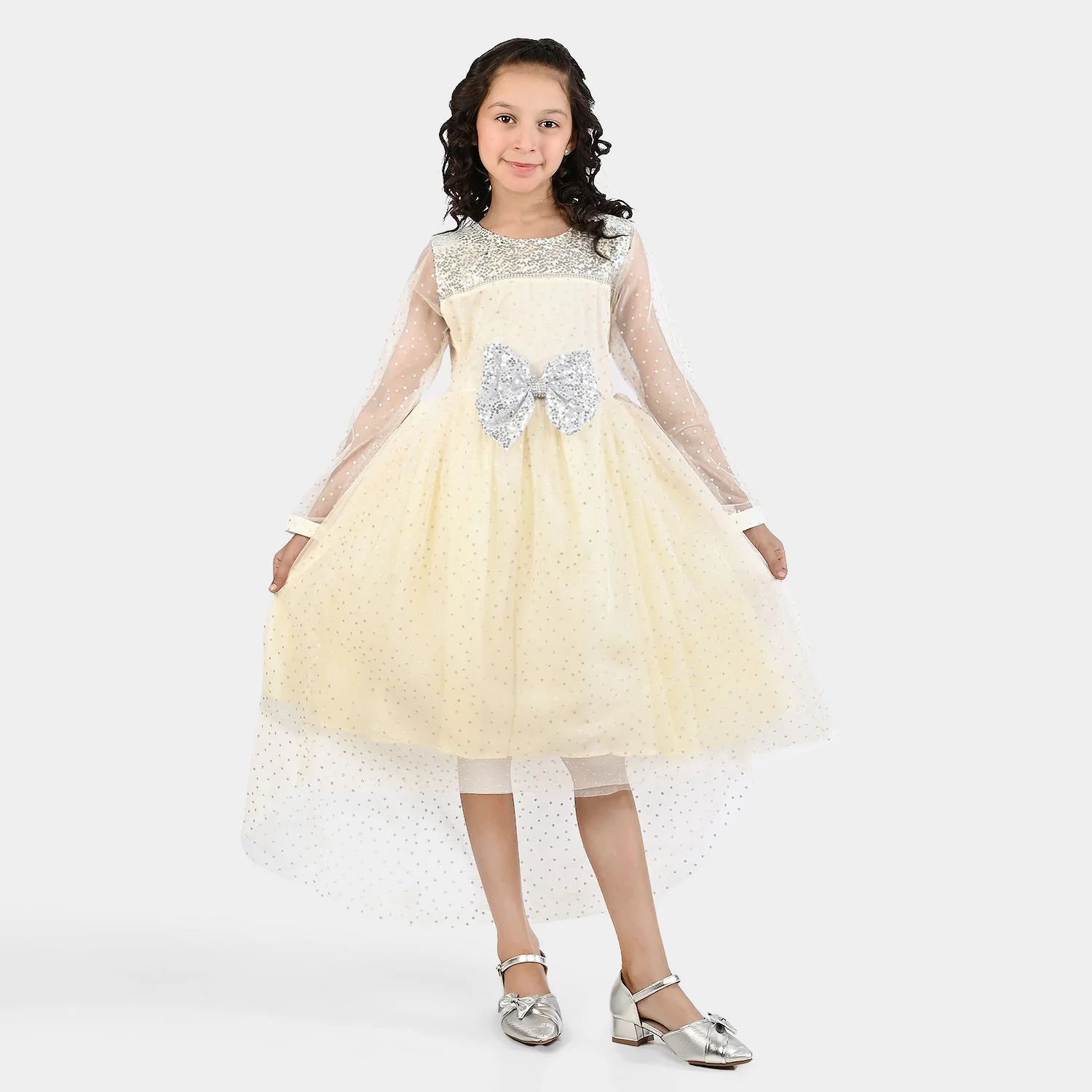 Girls Organza Fancy Frock-Shimmer Polka-OFF-White - Image 3