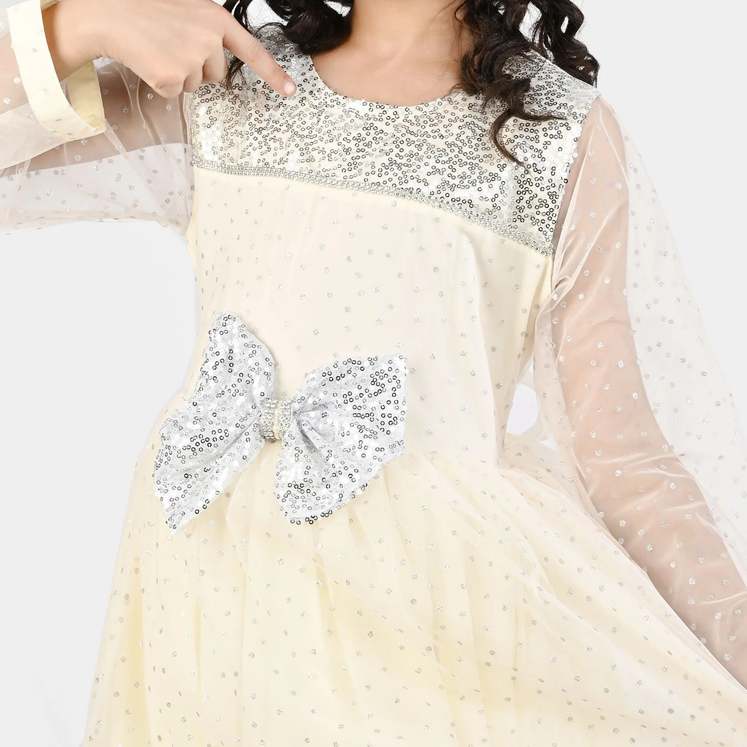 Girls Organza Fancy Frock-Shimmer Polka-OFF-White - Image 4