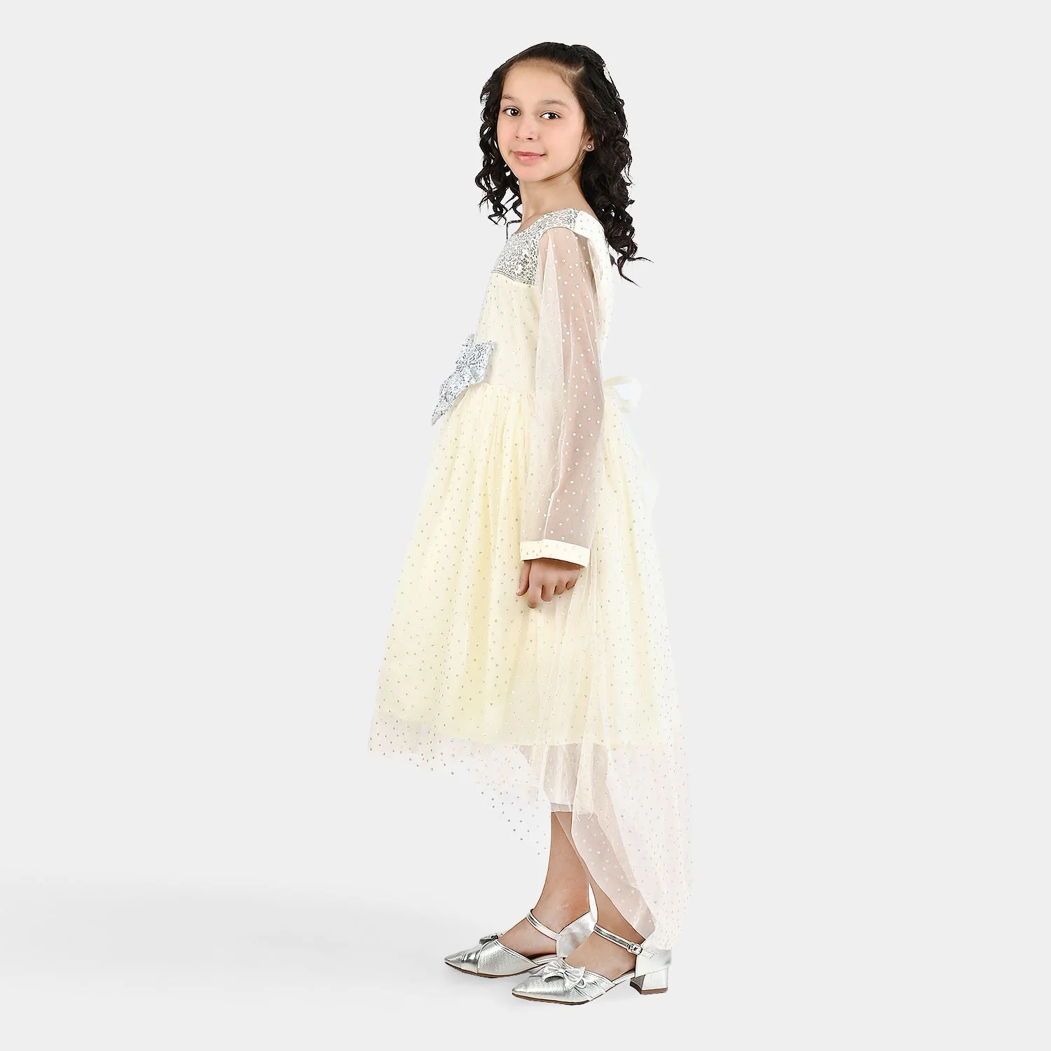 Girls Organza Fancy Frock-Shimmer Polka-OFF-White - Image 5