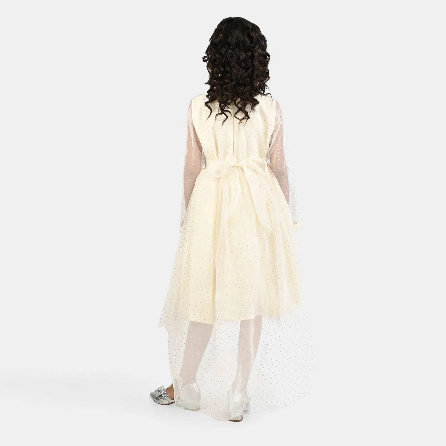 Girls Organza Fancy Frock-Shimmer Polka-OFF-White - Image 6