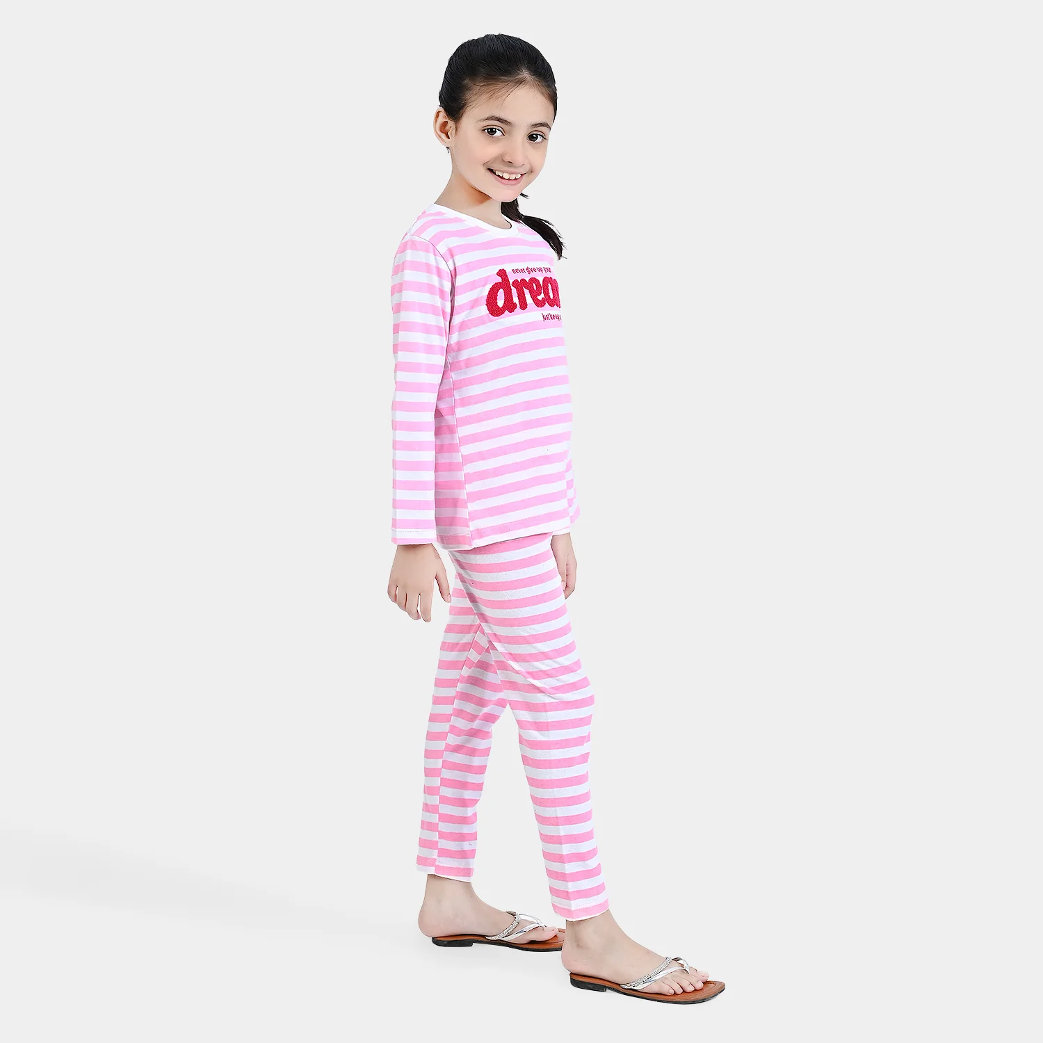 Girls Poly Cotton Jersey Knitted Night Suit-Candy Pink - Image 3