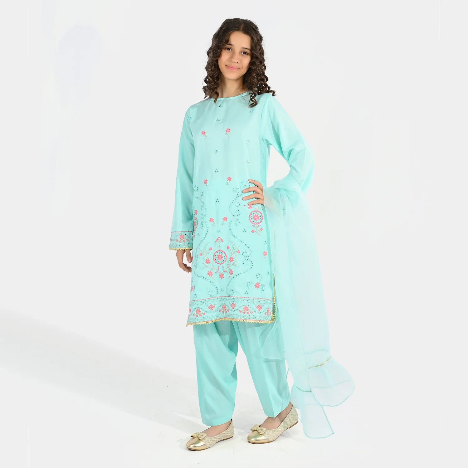 Girls Poly Cambric 3-Piece Ghazal Set - Mint Green - Image 3