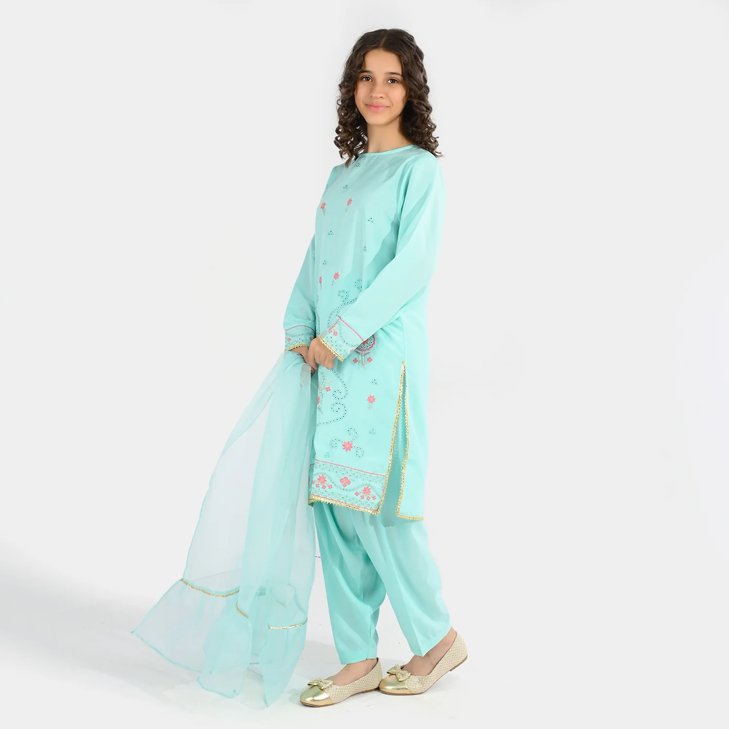 Girls Poly Cambric 3-Piece Ghazal Set - Mint Green - Image 5