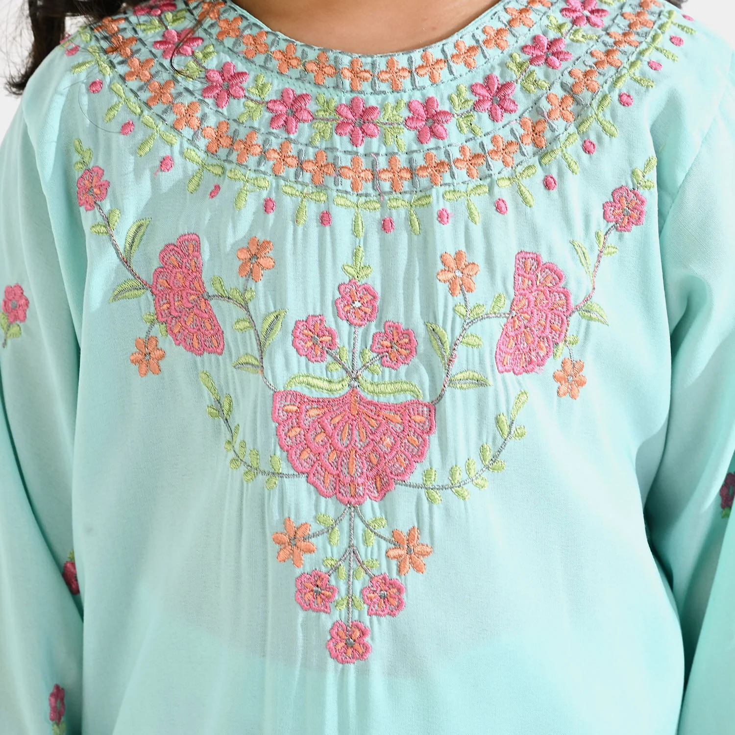 Girls Poly Cambric Embroidered 2Pcs - Mint Green - Image 2
