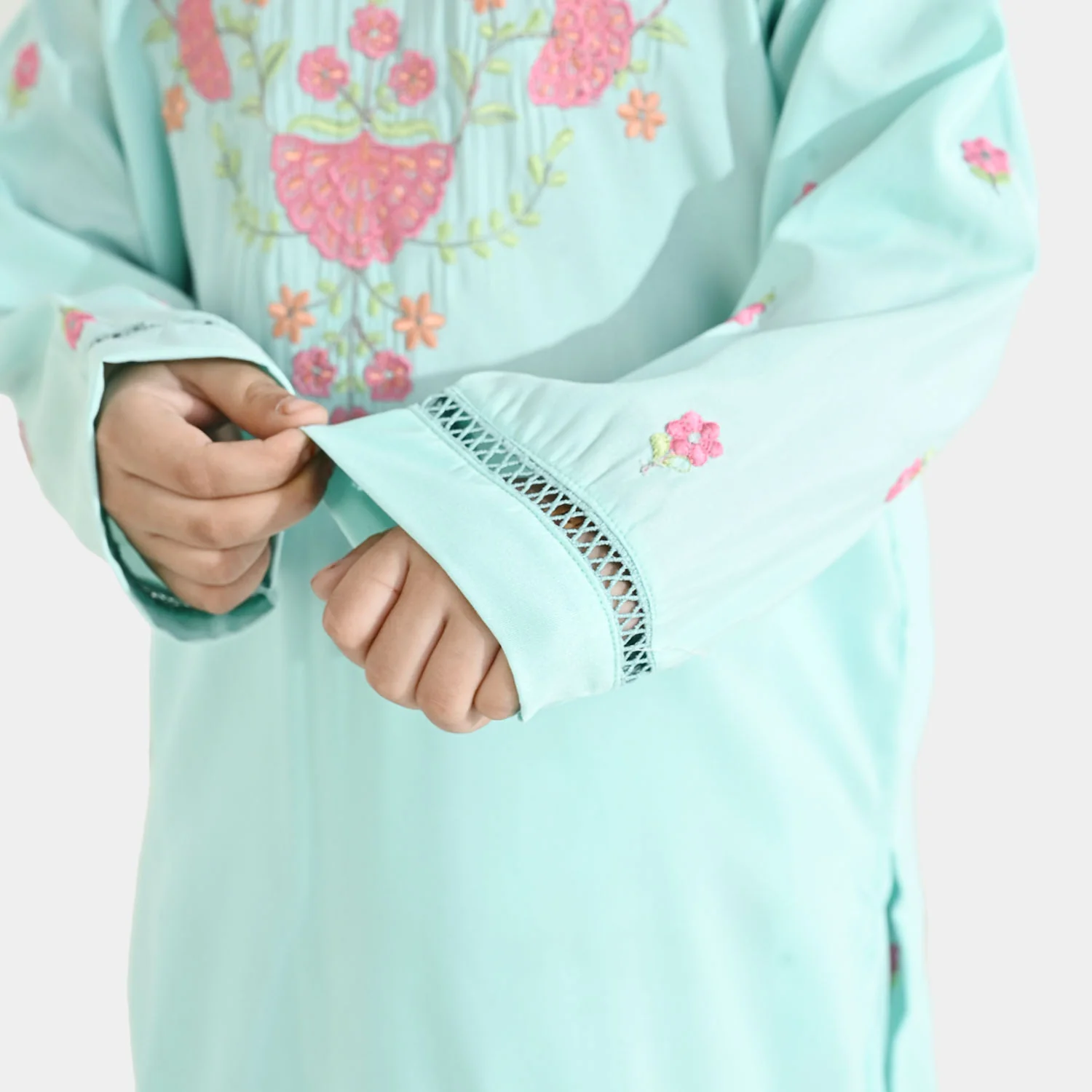 Girls Poly Cambric Embroidered 2Pcs - Mint Green - Image 4