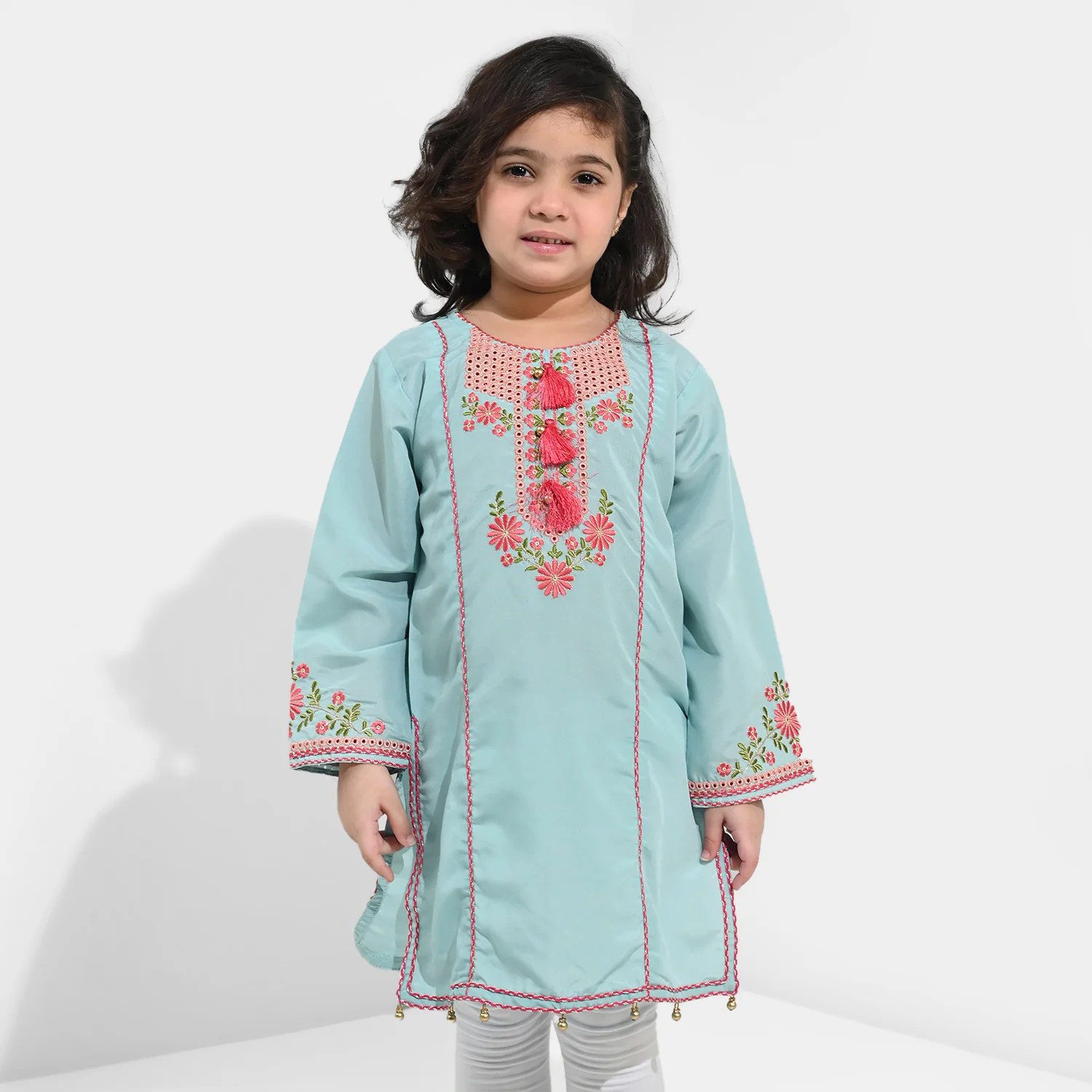 Girls poly cambric Emb Kurti Aqs-E-Bahar-Mint Green - Image 3