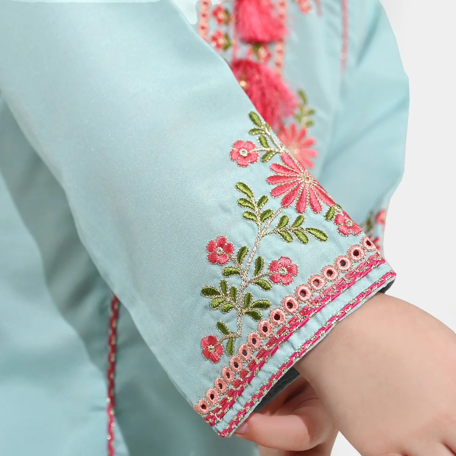 Girls poly cambric Emb Kurti Aqs-E-Bahar-Mint Green - Image 4
