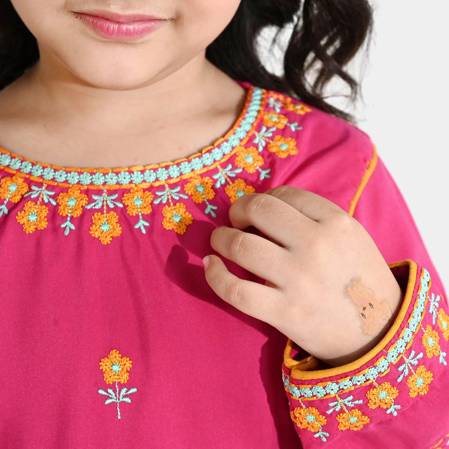 Girls Poly Cambric Embroidered Kurti Pari Noor - Shocking Pink - Image 2