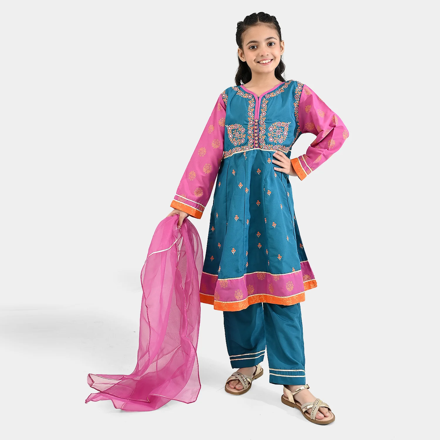 Girls poly cambric Fancy 3Pcs - Teal blue - Image 4