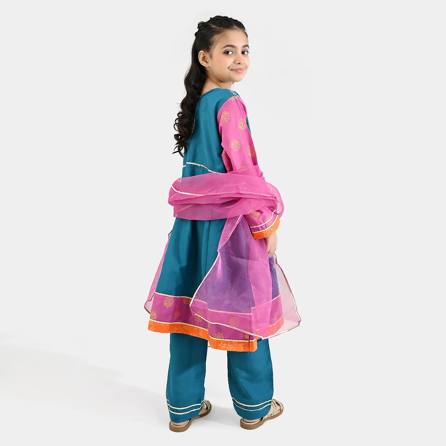 Girls poly cambric Fancy 3Pcs - Teal blue - Image 5