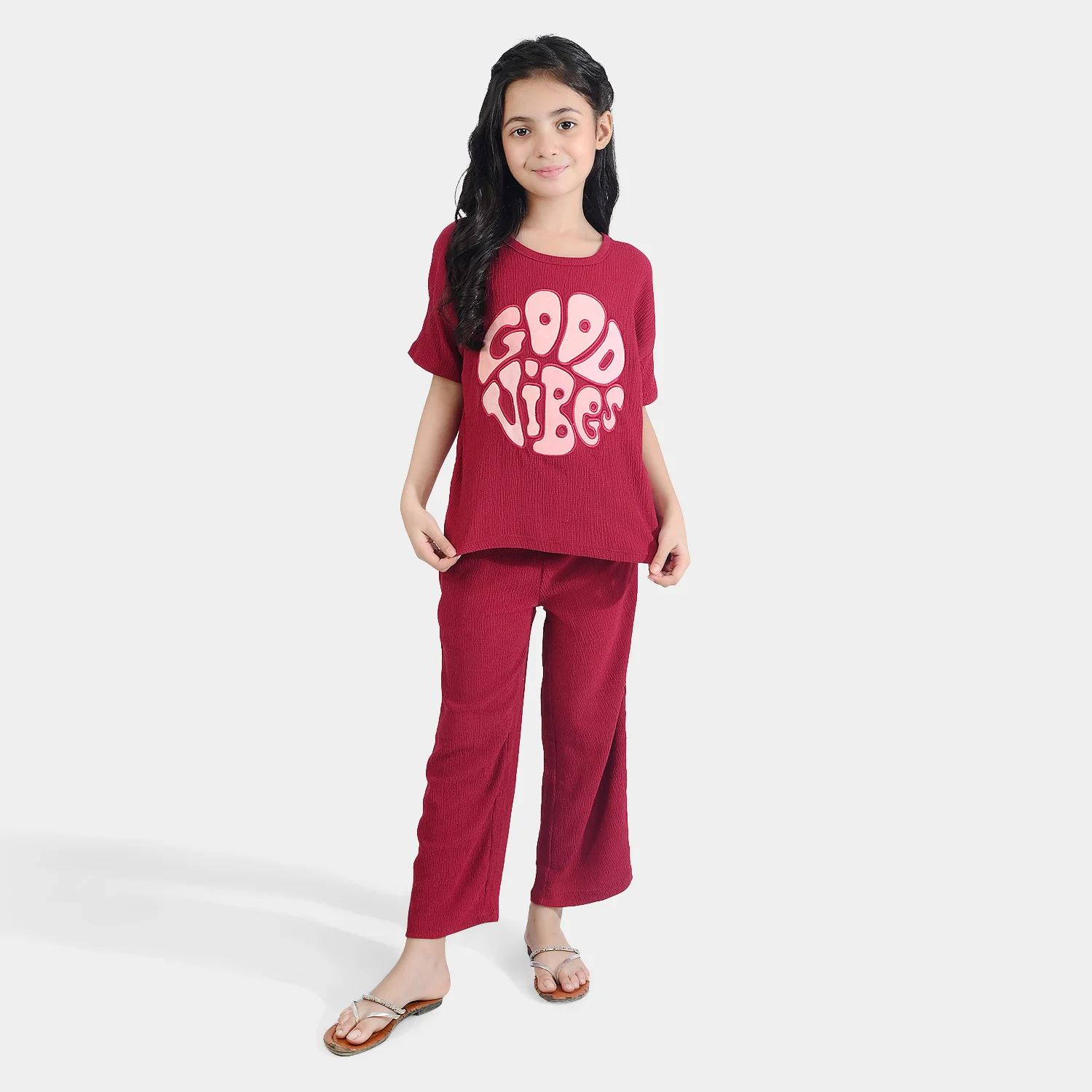 Girls Poly Crinkle 2 Piece Suit Good Vibes - MAROON - Image 3